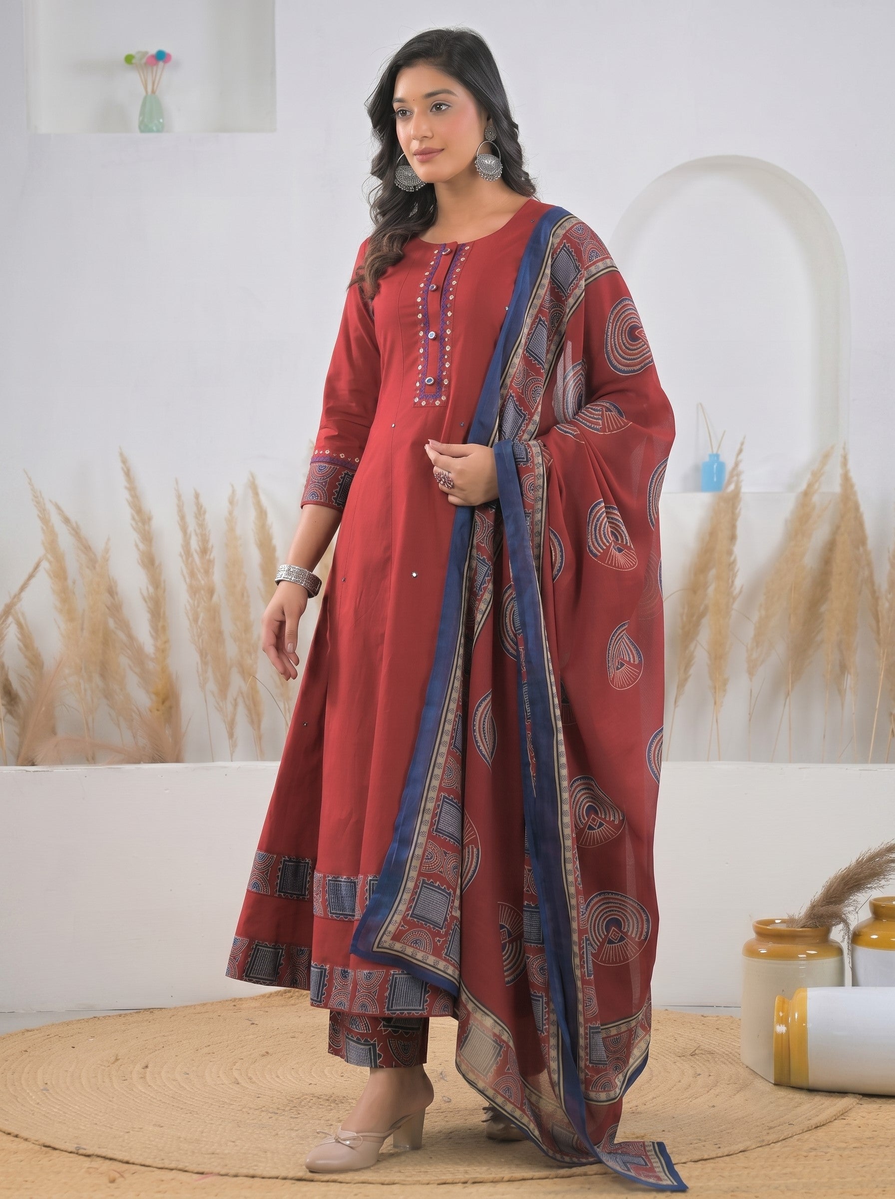 Ridhika Carmine cotton anarkali suit set