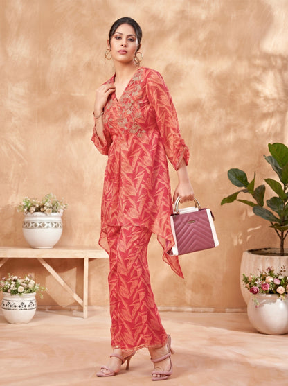 Normichi Red Work Printed Co-ord Set