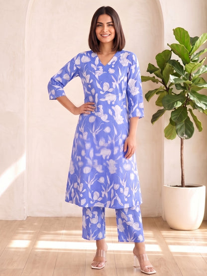 SASHA OCEAN PRINTED COTTON KURTA PANT SET