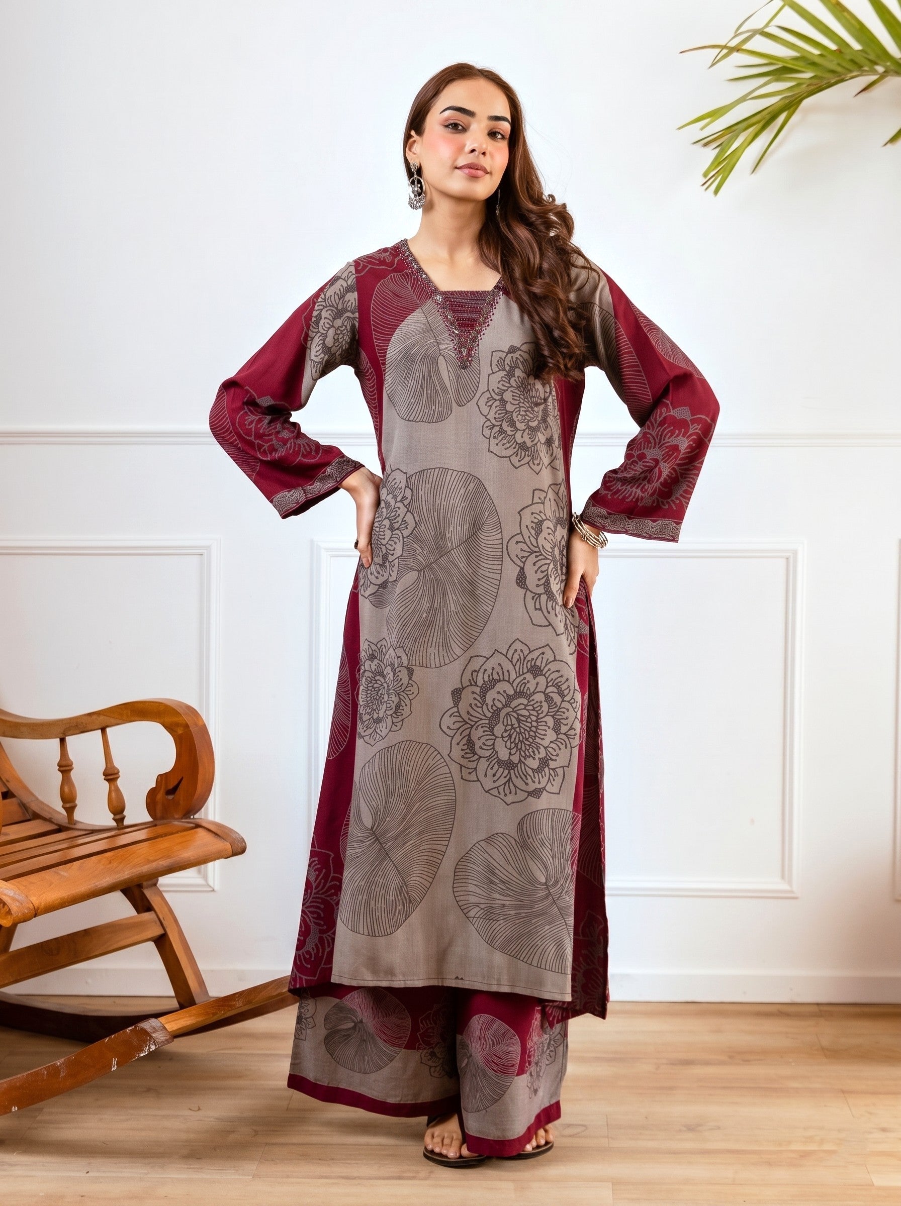 Karen Burgundy printed kurta pant set