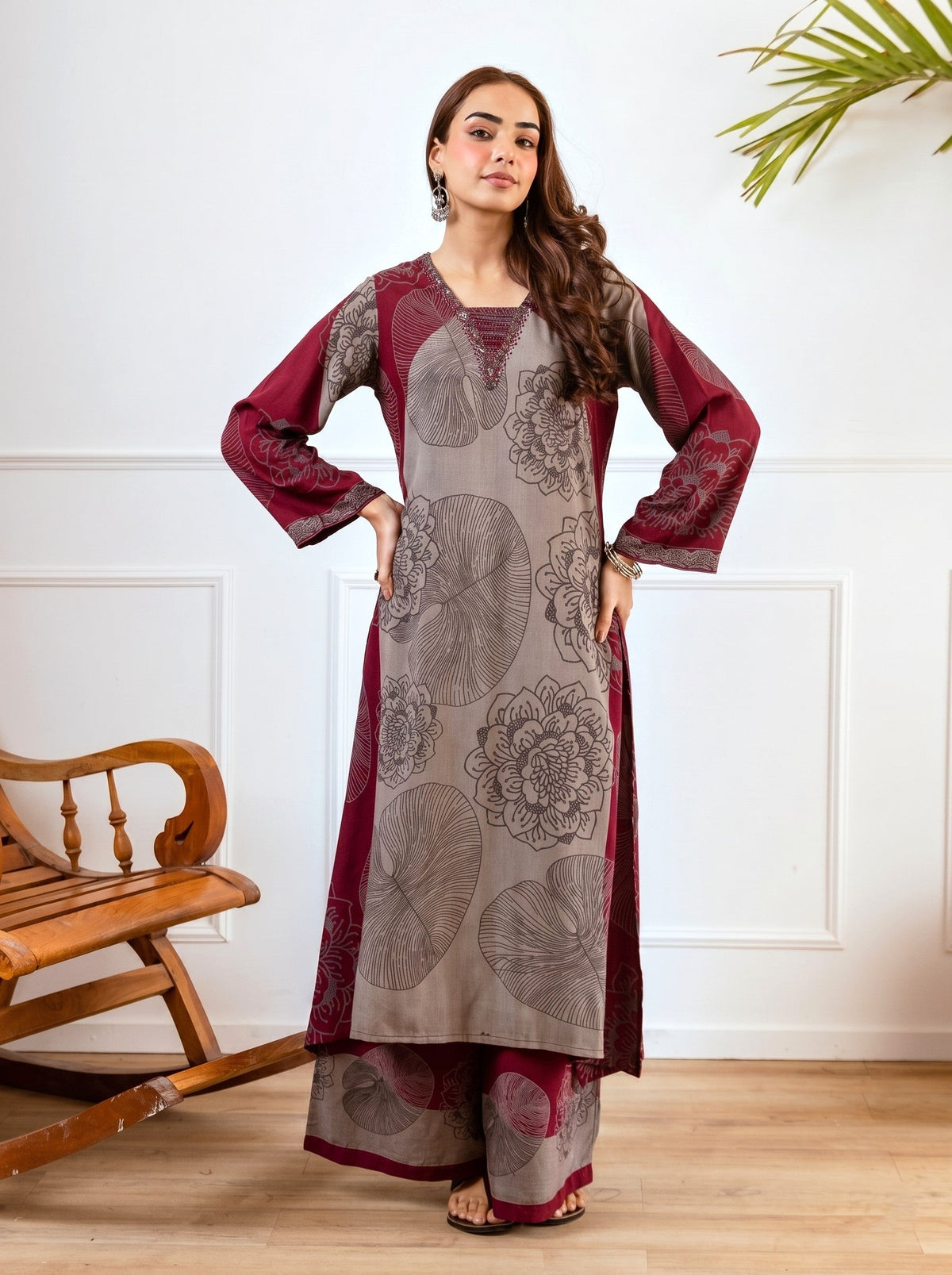 Karen Burgundy printed kurta pant set