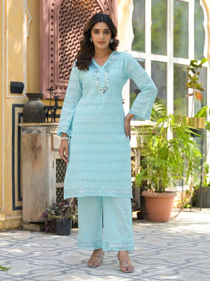 Sanmati Sky Cotton Mirror Schiffli Co-ord Set
