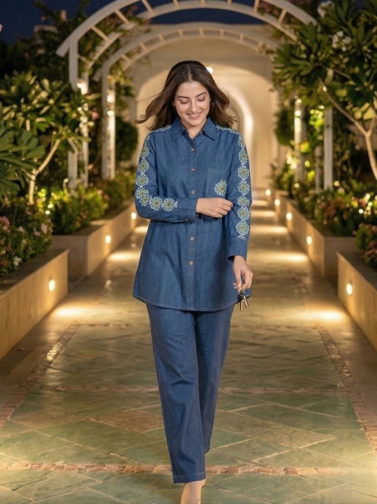 Poppi celest embroidery denim co-ord set