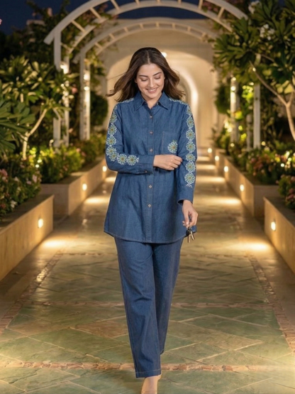 Poppi celest embroidery denim co-ord set
