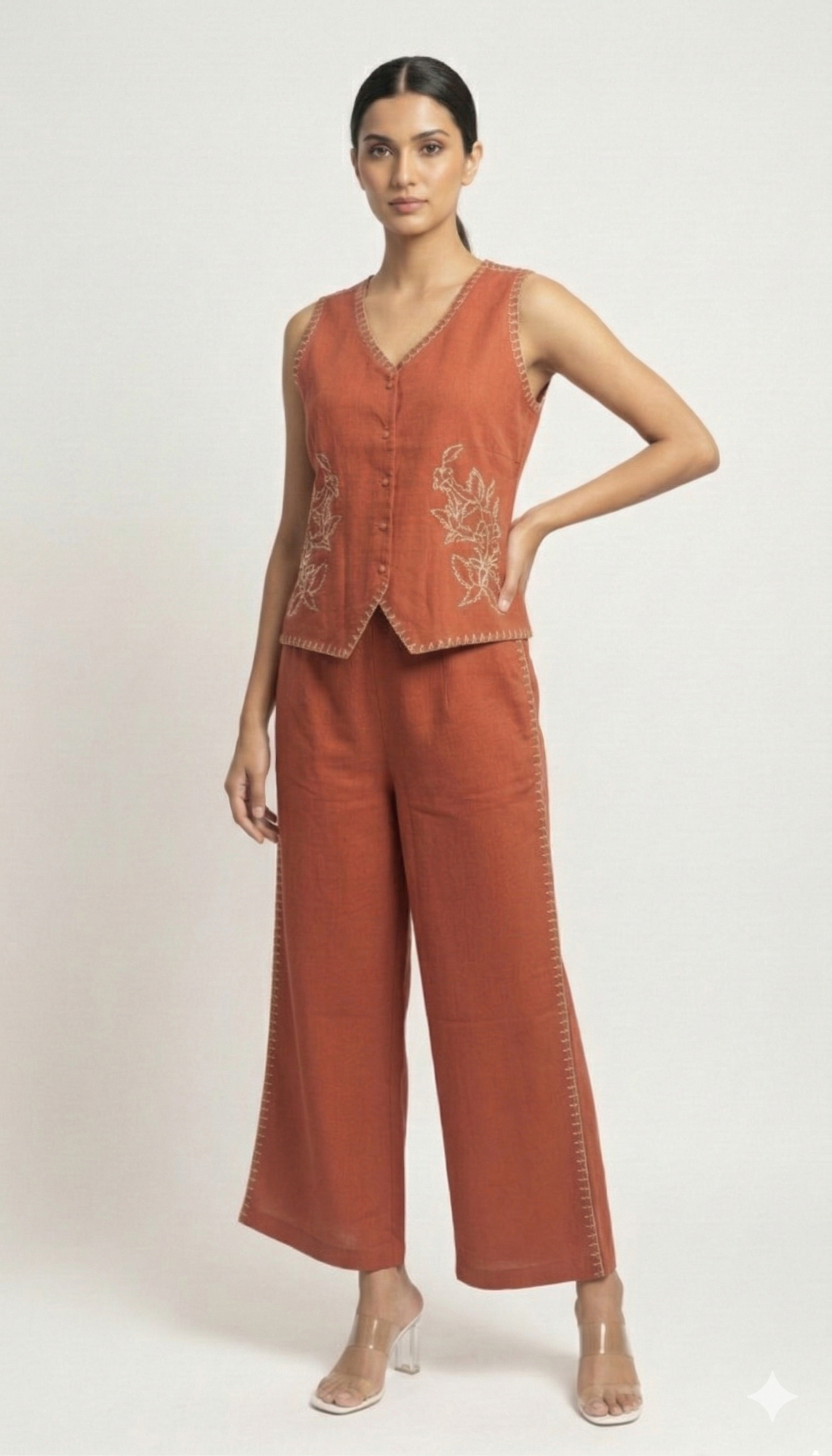 Rushali Coral Embroidered Co-ord Set