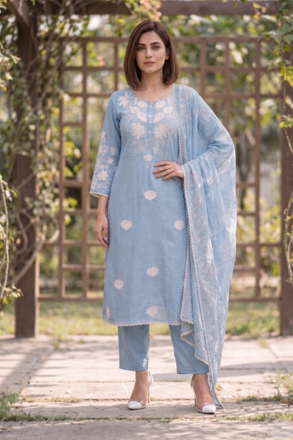 Bahara Softblue Printed Embroidered Suit Set