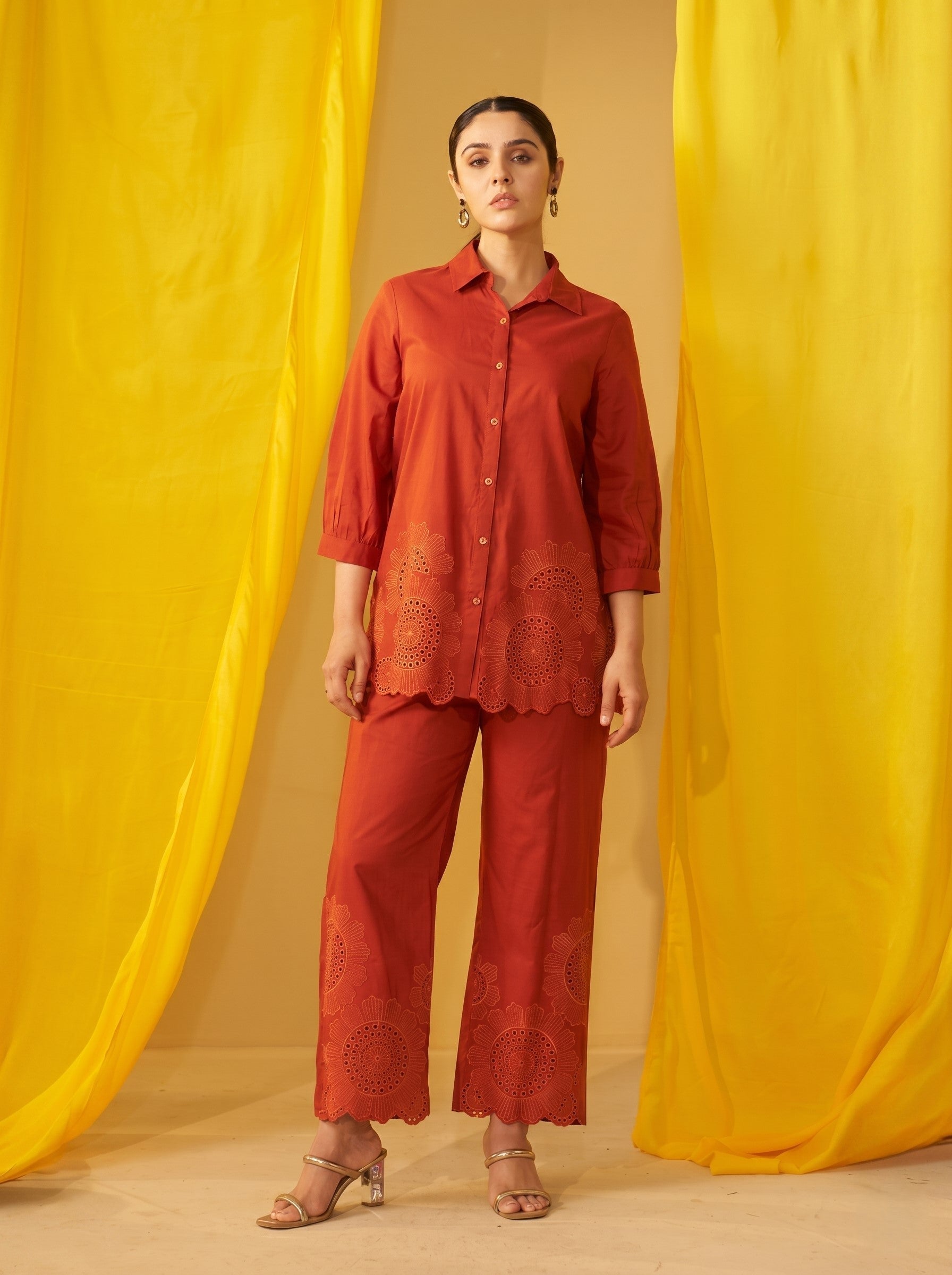 Tisca apricot embroidery co-ord set