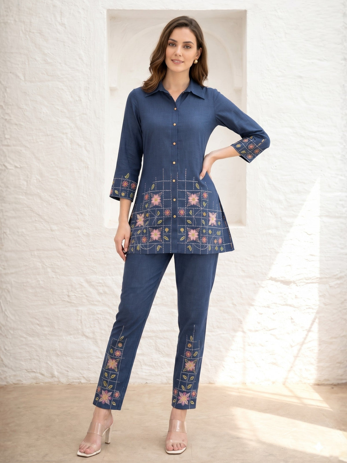 Eden navy embroidered co-ord set