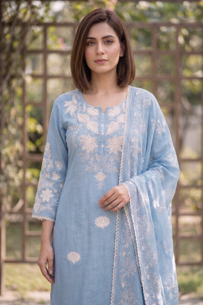 Bahara Softblue Printed Embroidered Suit Set