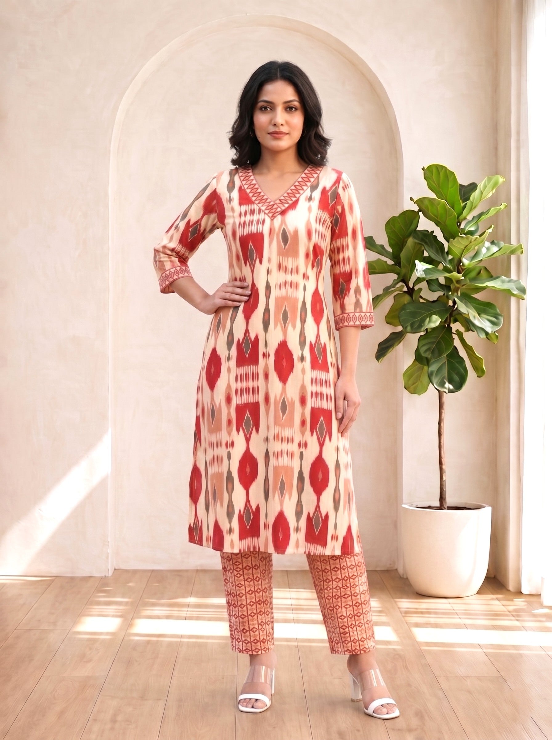 SASHA CORAL PRINTED KURTA PANT SET