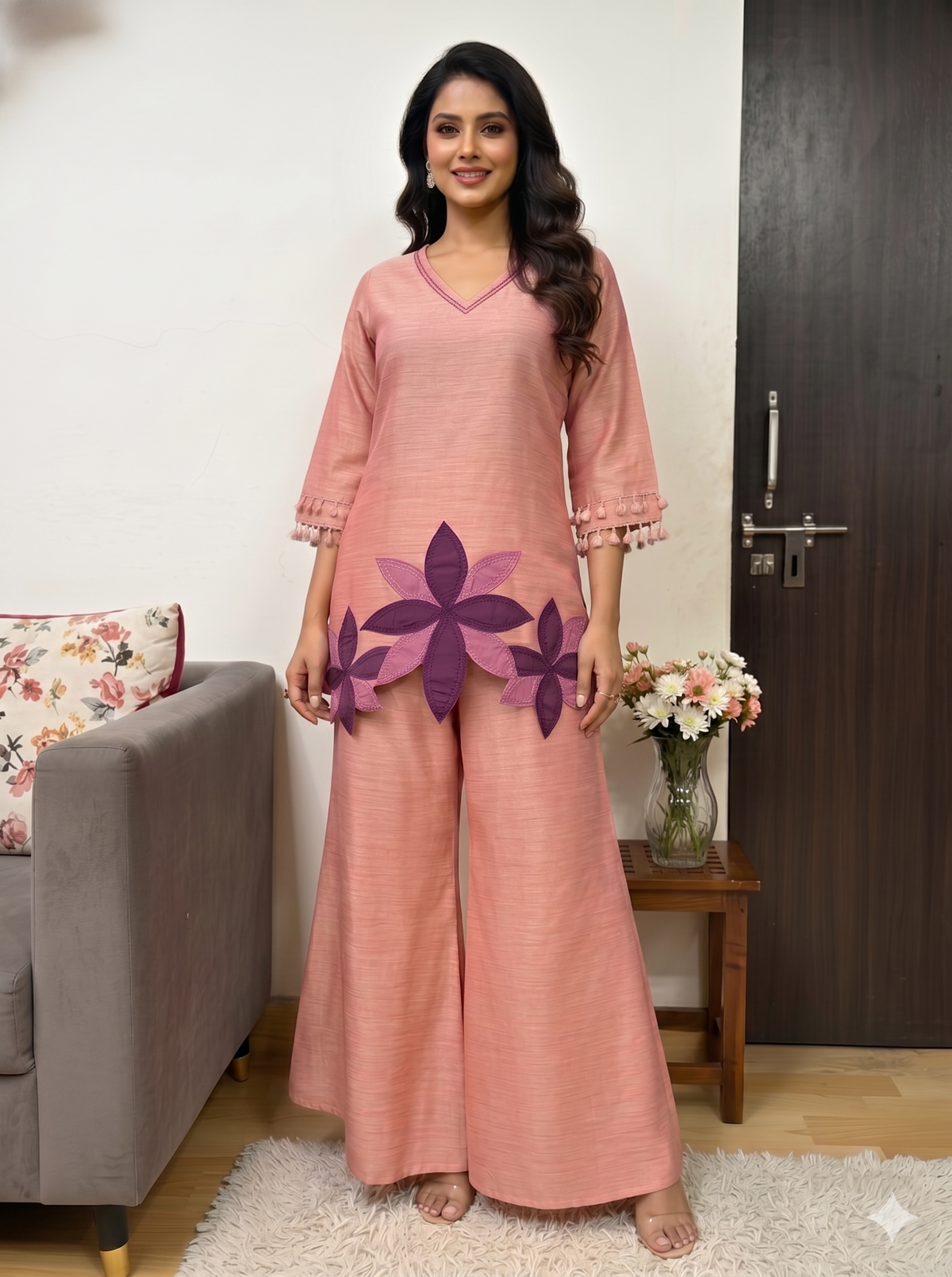 Prisha salmon embroidery co-ord set
