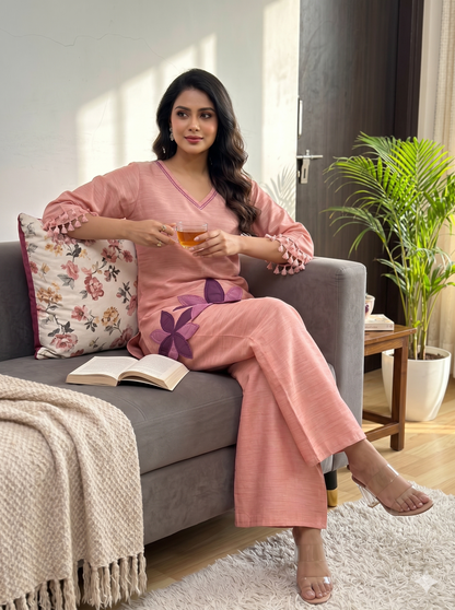 Prisha salmon embroidery co-ord set