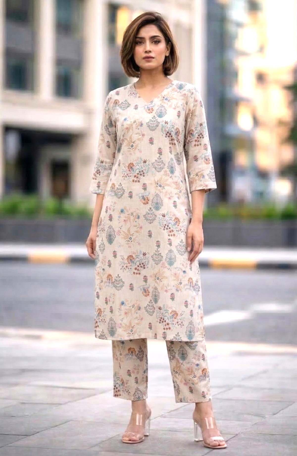 Bindiya Pearl Linen Printed Kurta Pant Set