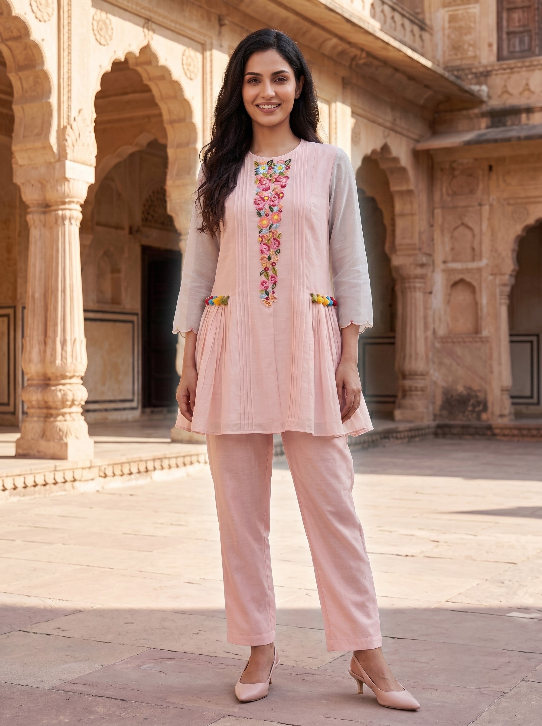 Gaur salmon embroidery cotton co-ord set