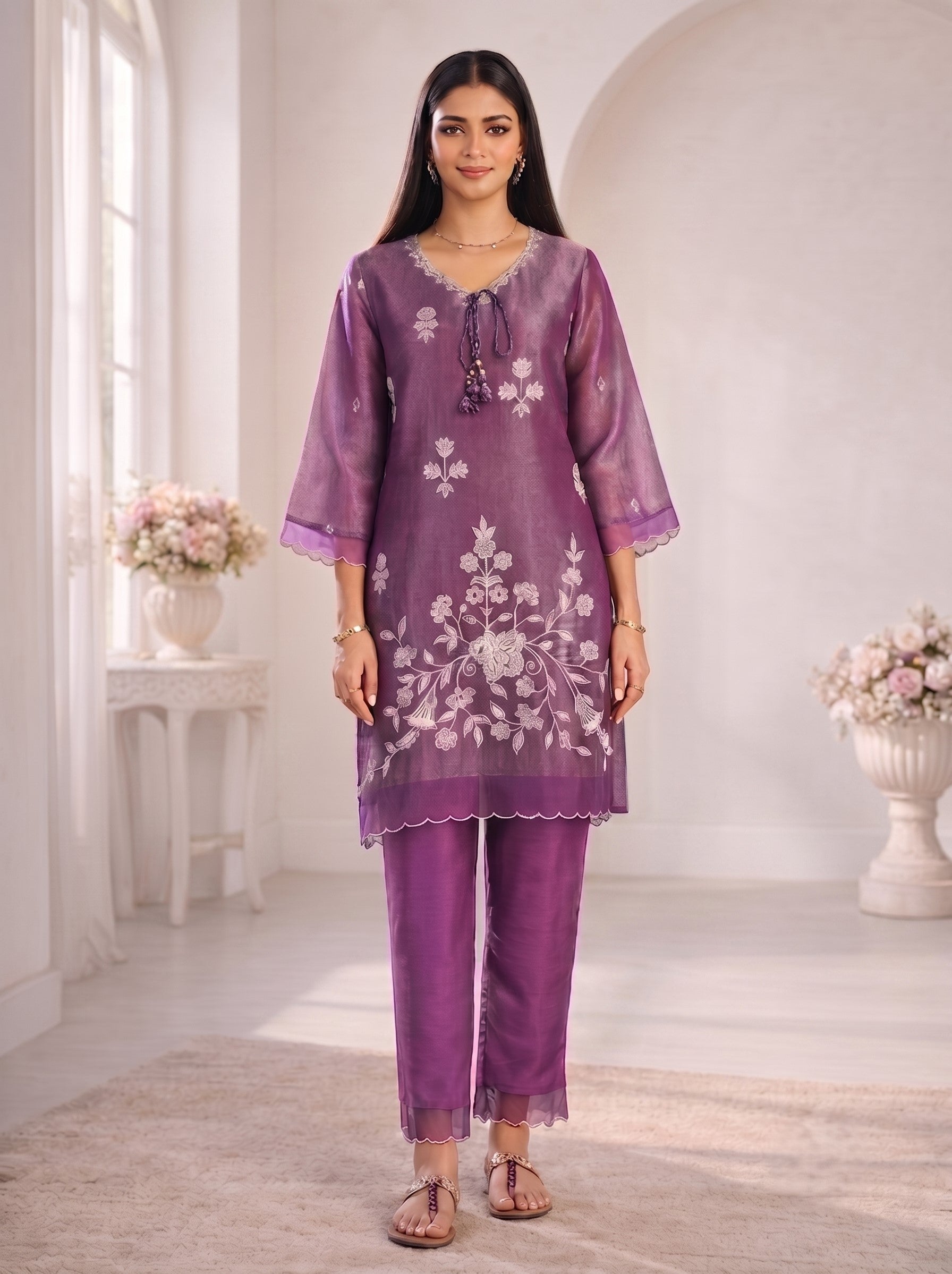 Anumeha Plum Full Work co-ord set