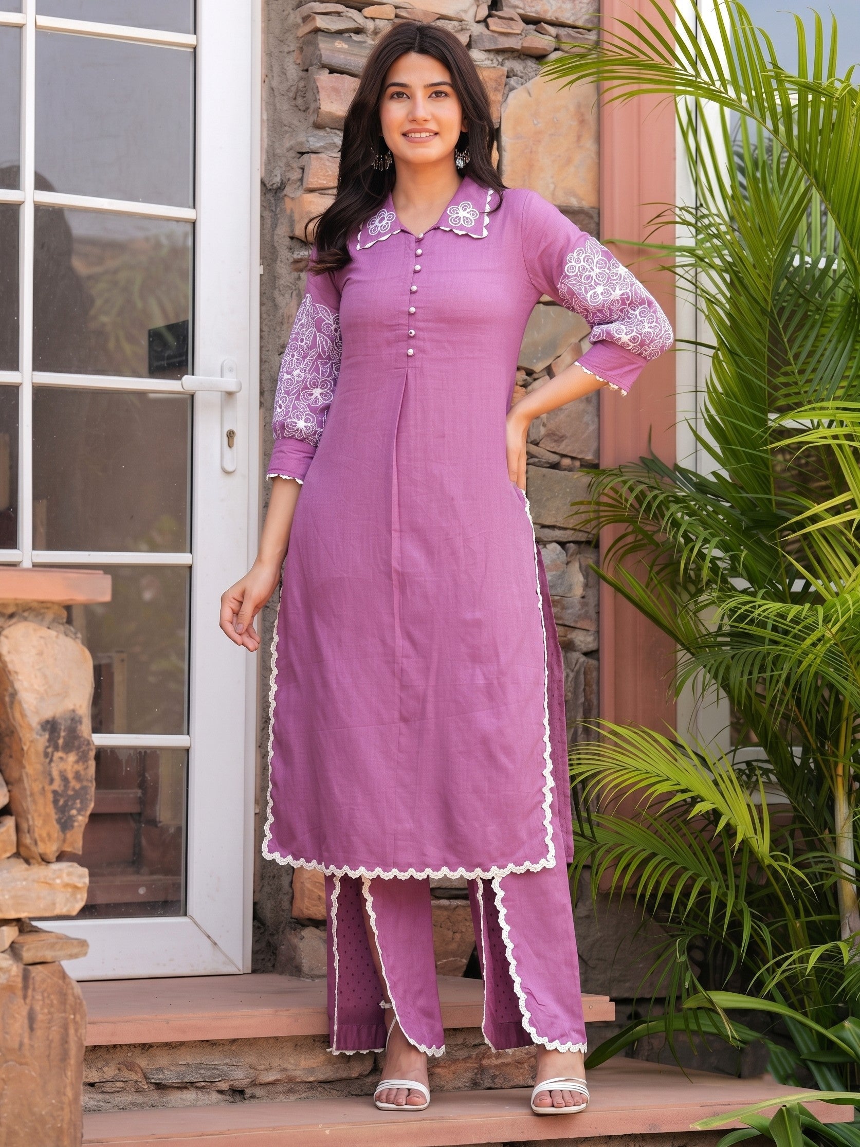 Shiba Orchid Embroidered Kurta Pant Set