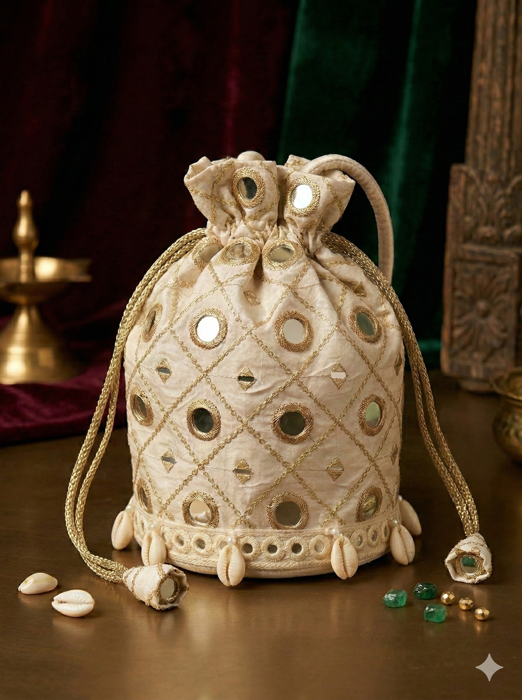 Dhiyona HH Ivory Noor Mirror Work Handcrafted Designer Potli