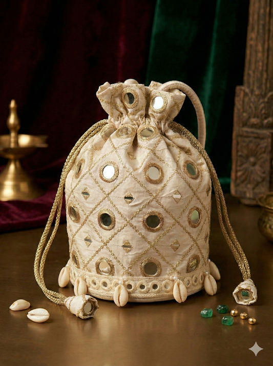 Dhiyona HH Ivory Noor Mirror Work Handcrafted Designer Potli