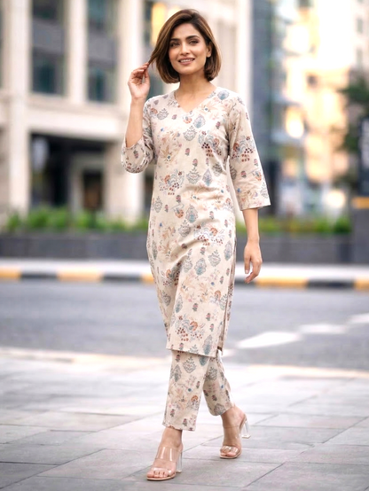 Bindiya Pearl Linen Printed Kurta Pant Set