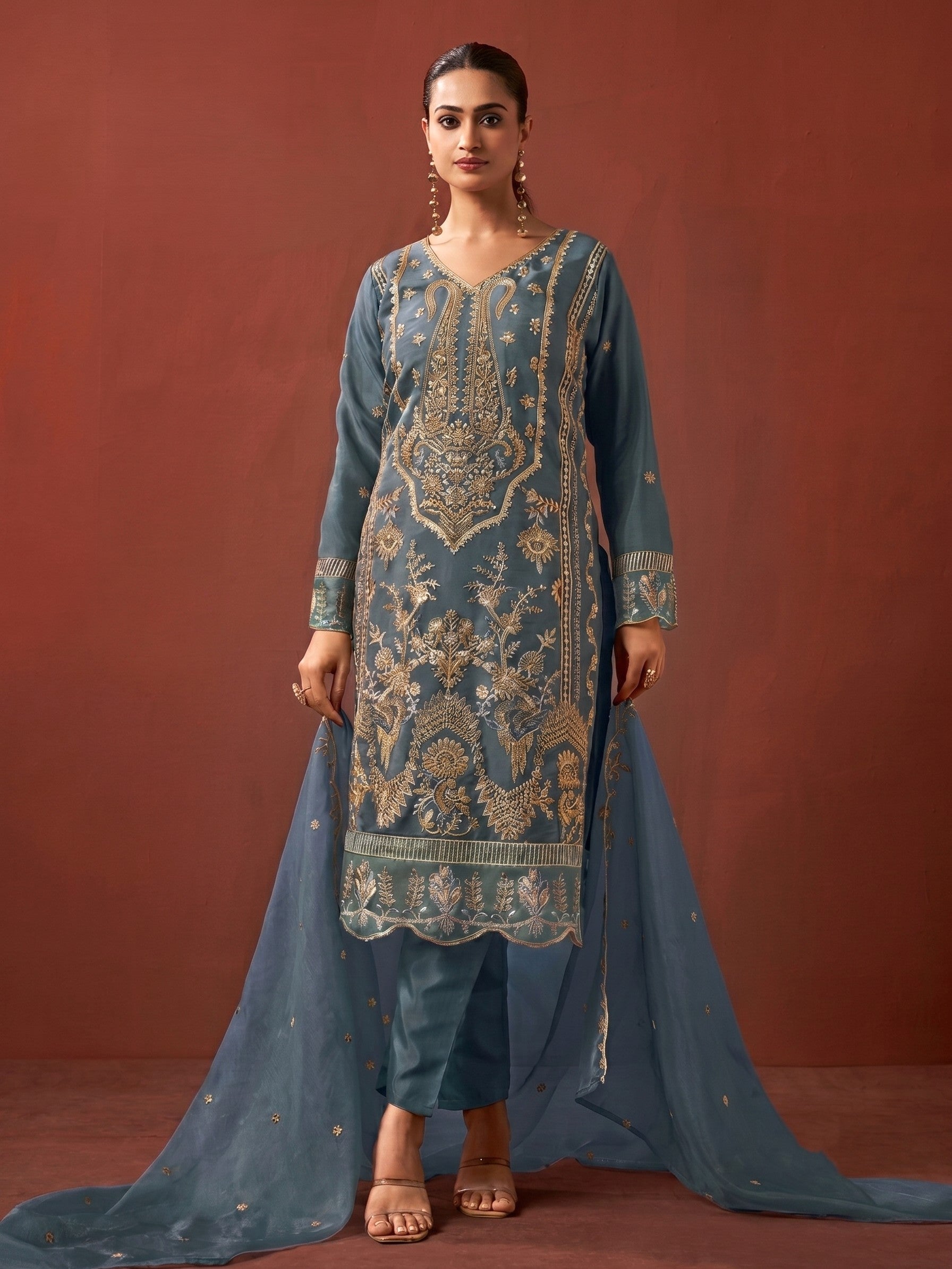 Shamsad slate Full Work lawn suit set
