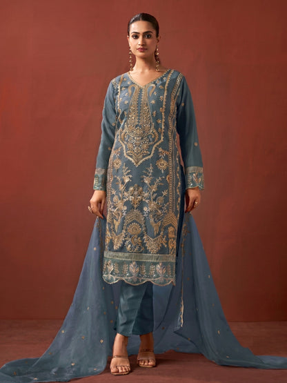 Shamsad slate Full Work lawn suit set