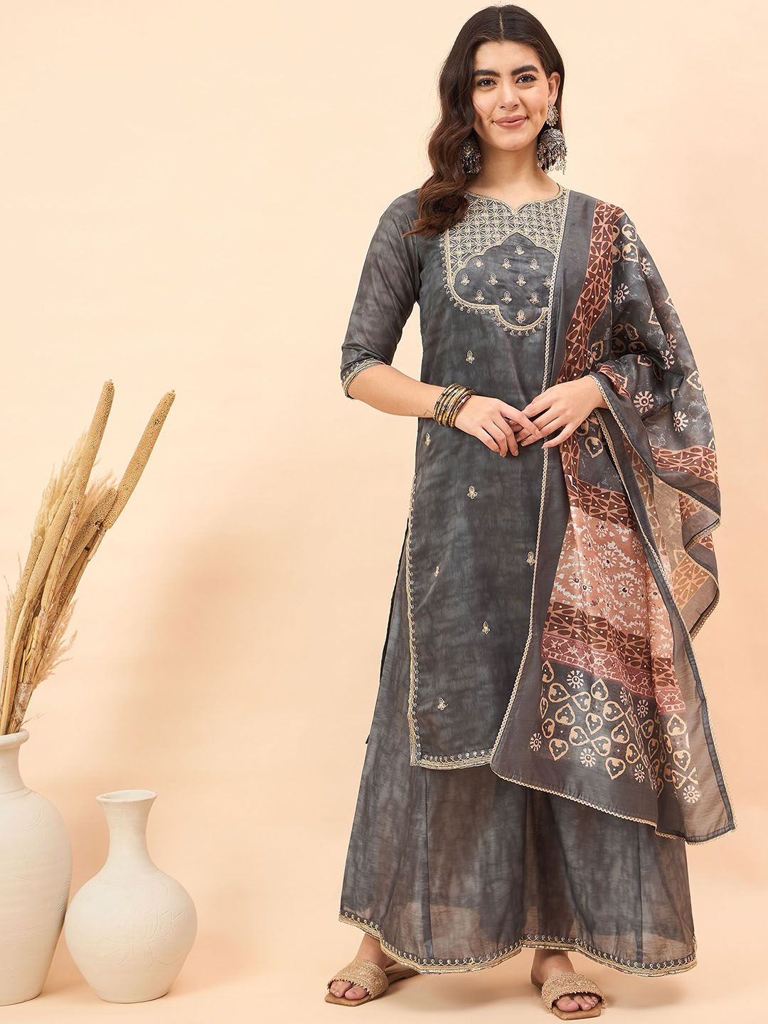 Dhiyona AN Ethnic Motifs Embroidered Chanderi Silk Kurta With Sharara & Dupatta