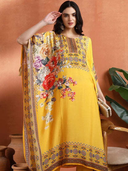 Floral Printed Round Neck Kaftan Kurta With Trousers