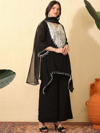 Women Embroidered Layered Mirror Work Kurta with Palazzos & With Dupatta
