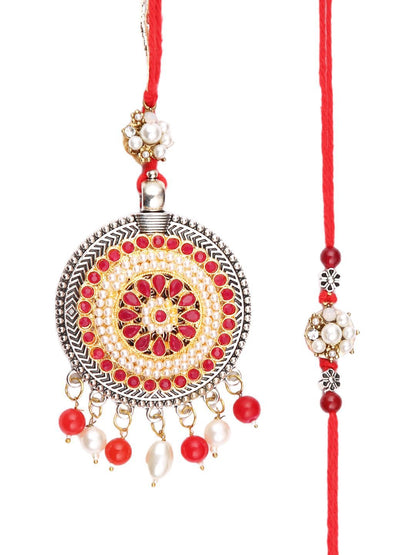 Dhiyona Bhaiya Bhabhi Charming Floral Thread Rakhi With Roli Chawal & Greetings Card