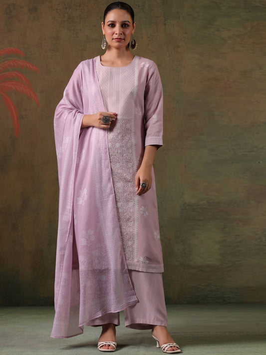 Dhiyona KL Women's Plus Size Purple Rayon Blend Printed Straight Kurta Set With Dupatta