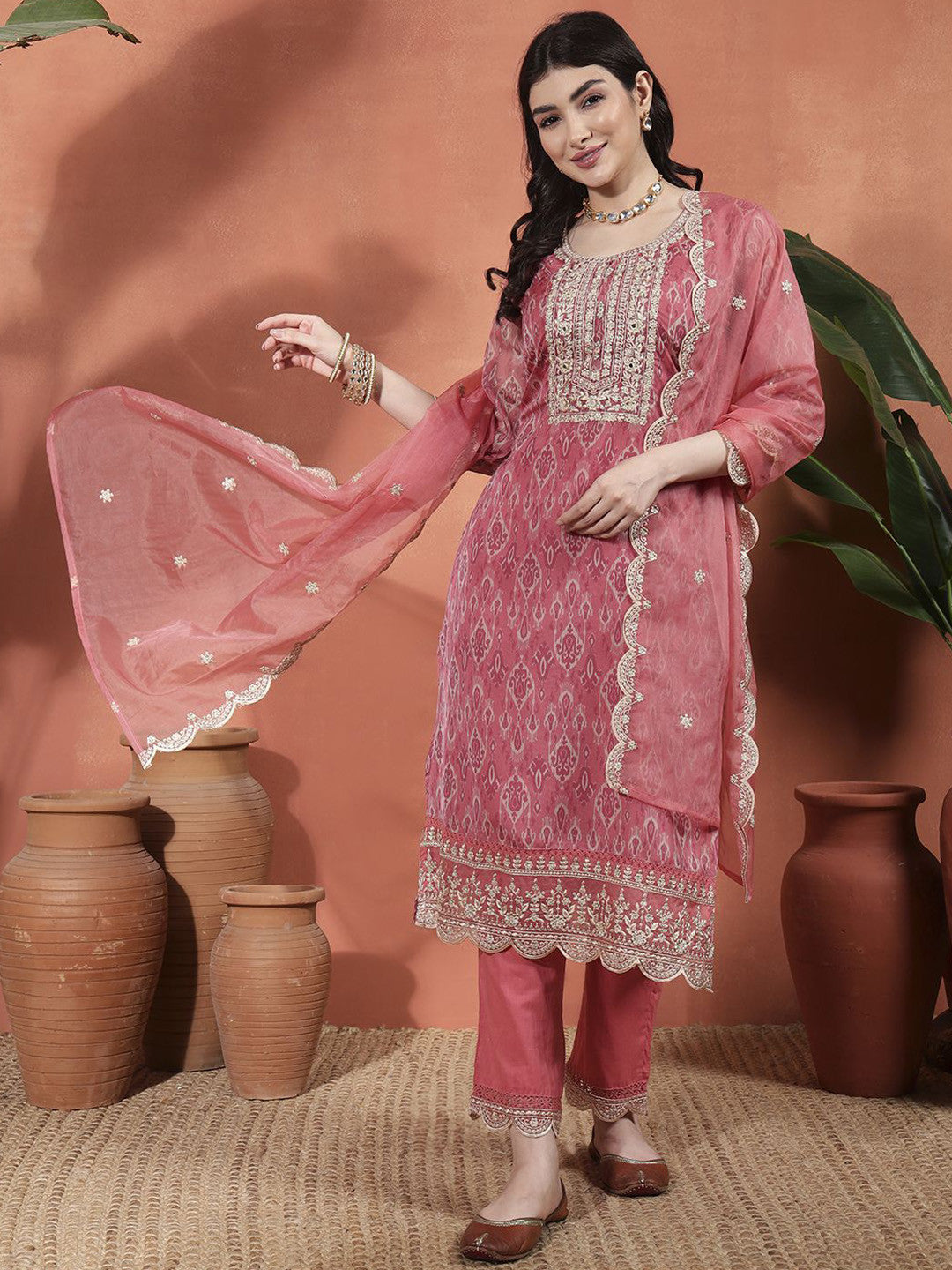 Dhiyona SN Ethnic Motifs Printed Zari Organza Straight Kurta With Trousers & Dupatta