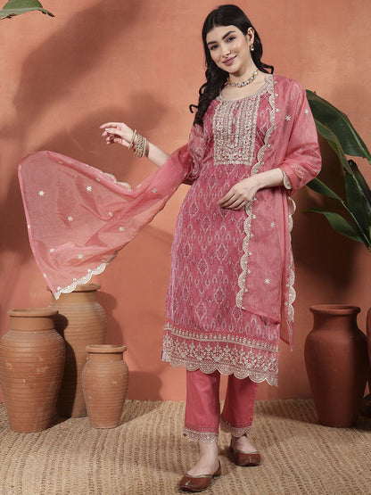 Ethnic Motifs Printed Zari Organza Straight Kurta With Trousers & Dupatta