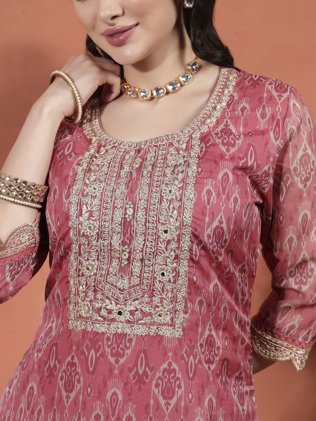 Ethnic Motifs Printed Zari Organza Straight Kurta With Trousers & Dupatta
