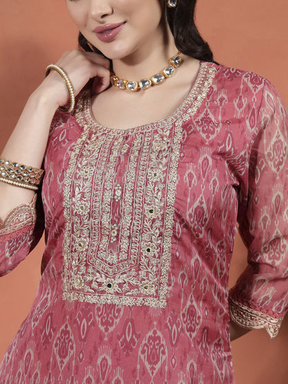 Ethnic Motifs Printed Zari Organza Straight Kurta With Trousers & Dupatta