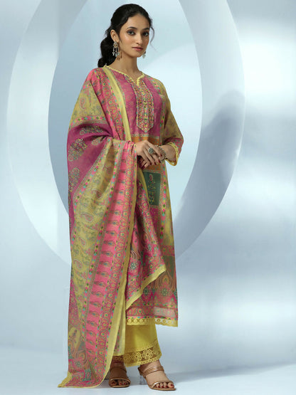 Women's LB Yellow Printed Linen Straight Suit With Dupatta