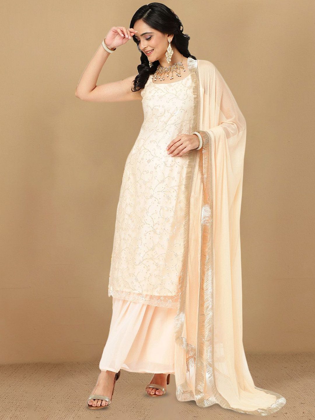 Dhiyona HOP Floral Embroidered Sequnnied Straight Kurta Sharara & Dupatta