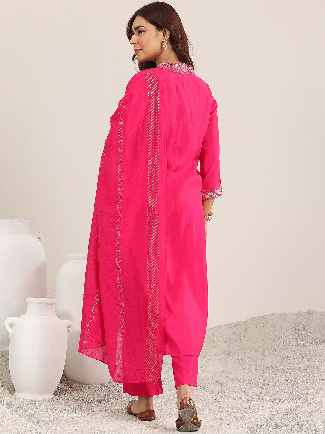 Yoke Design V Neck Kurta With Trousers & Dupatta