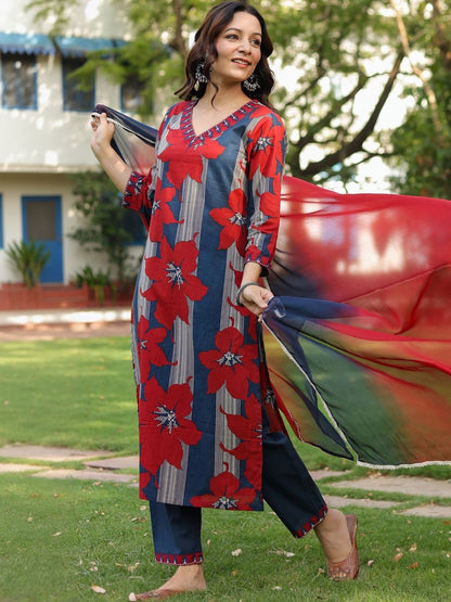 Dhiyona RR Women's Floral Printed Regular Pure Cotton Kurta with Trousers & With Dupatta
