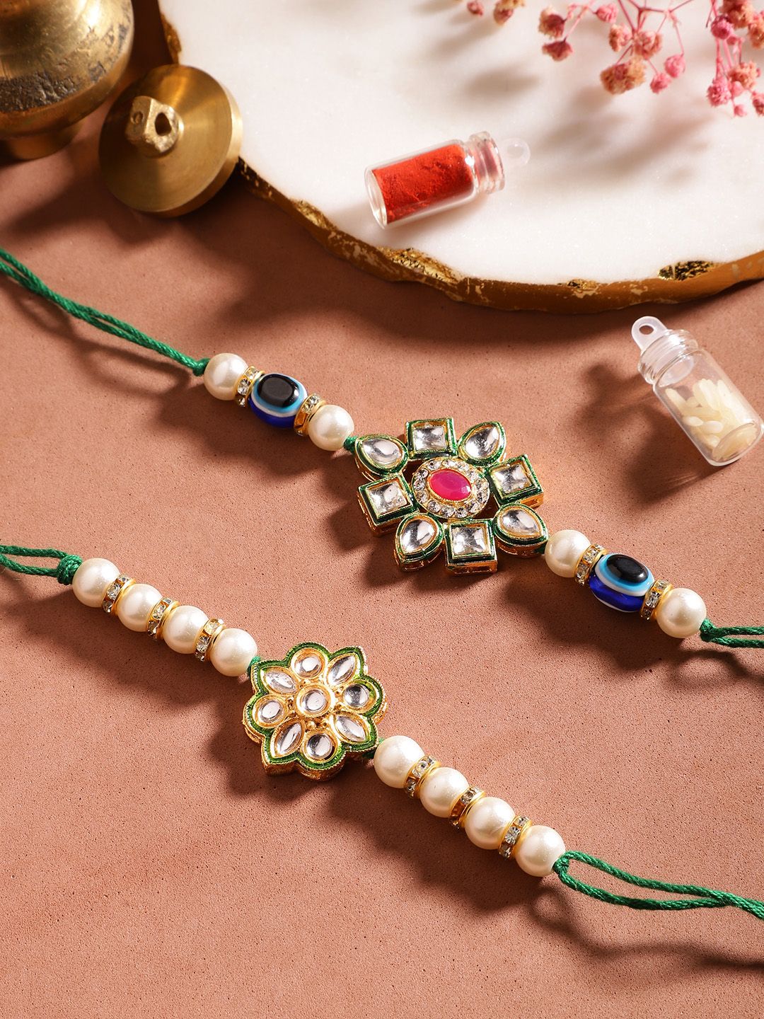 Dhiyona Unisex Set of 2 Beaded Bhai Bhabhi Rakhis With Roli & Chawal
