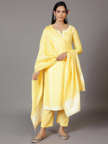 Women's LB Yellow Woven Design Silk Blend Straight Suit With Dupatta