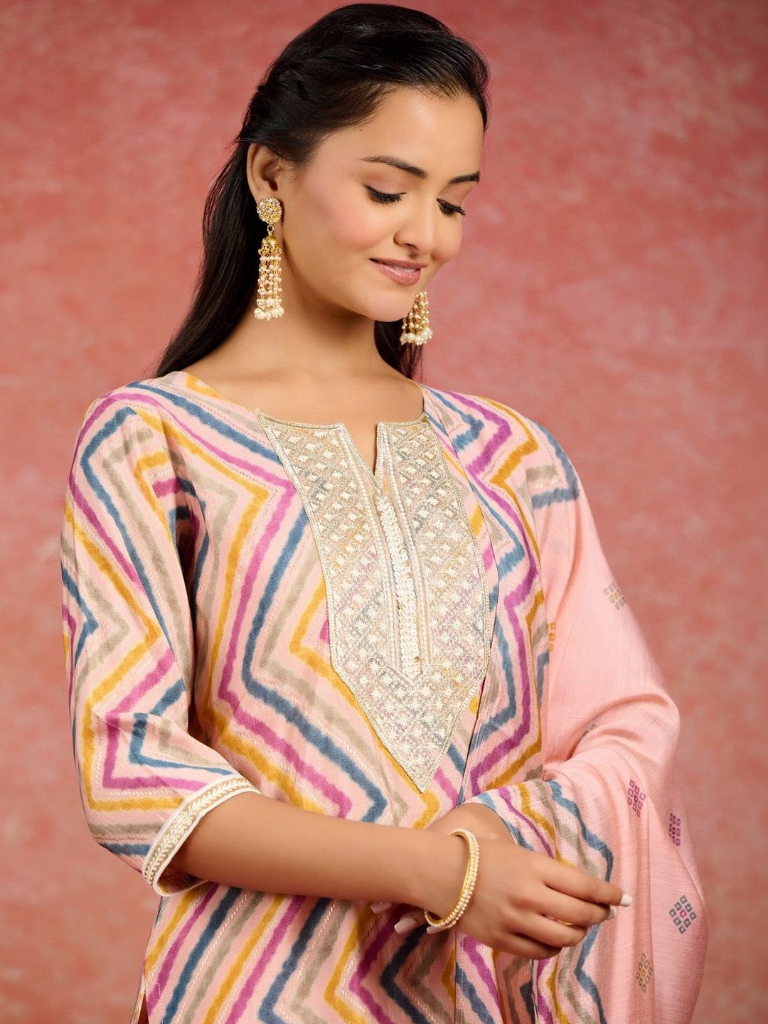 Women Printed Regular Thread Work Kurta with Trousers & With Dupatta