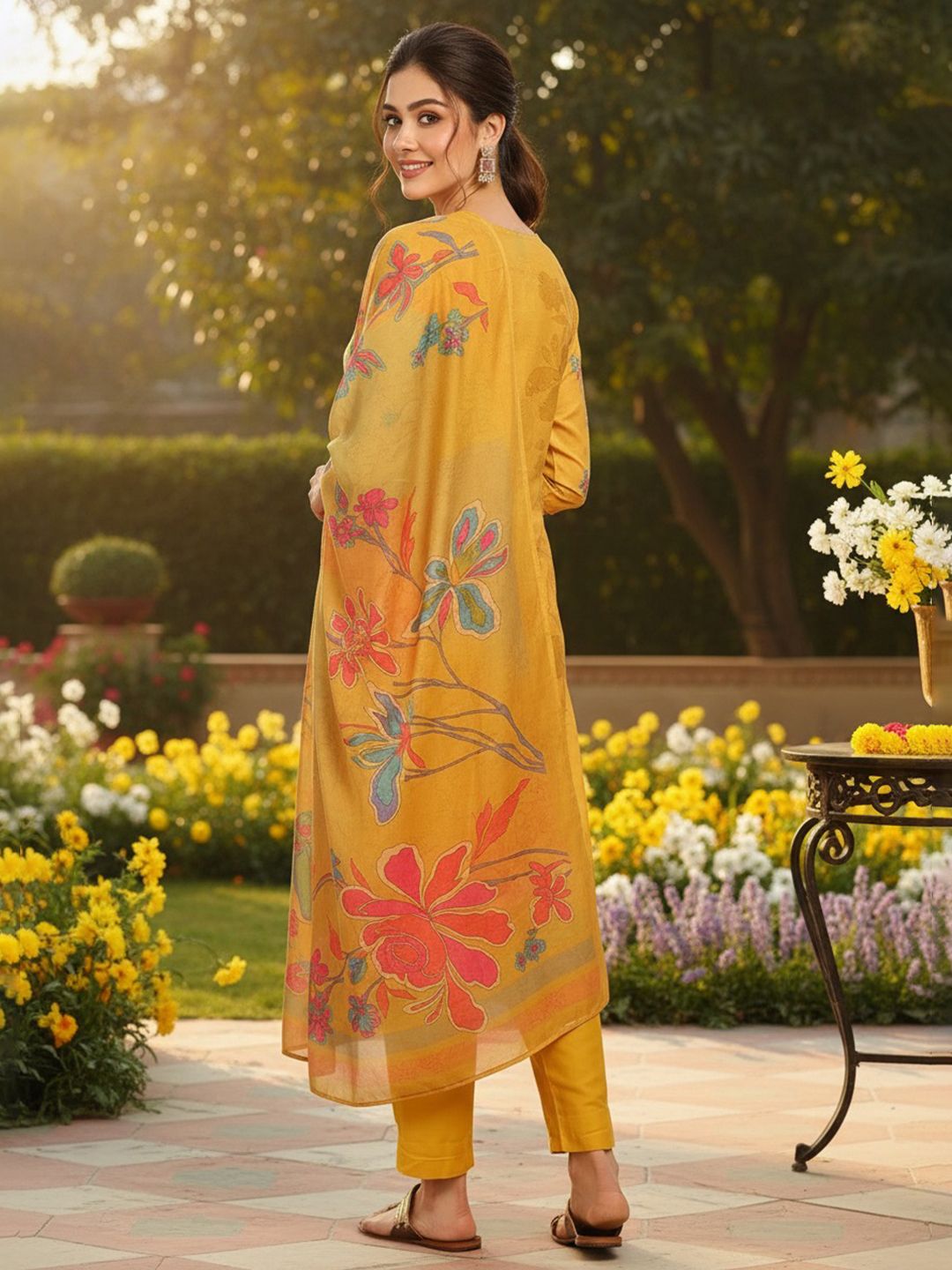 Dhiyona KL Women Floral Printed Regular Thread Work Kurta with Trousers & With Dupatta