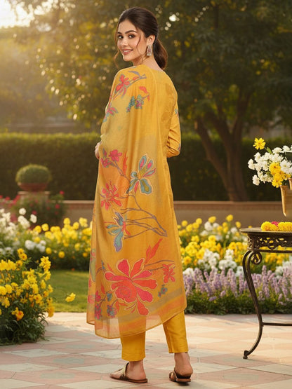Dhiyona KL Women Floral Printed Regular Thread Work Kurta with Trousers & With Dupatta
