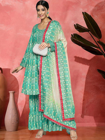 Dhiyona SN Ethnic Motifs Printed Mirror Work Pure Muslin A-Line Kurta With Sharara & Dupatta