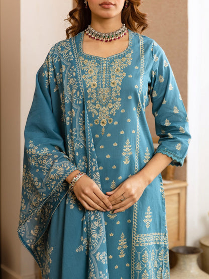 Printed Cotton Sweetheart Neck Kurta & Trousers with Dupatta