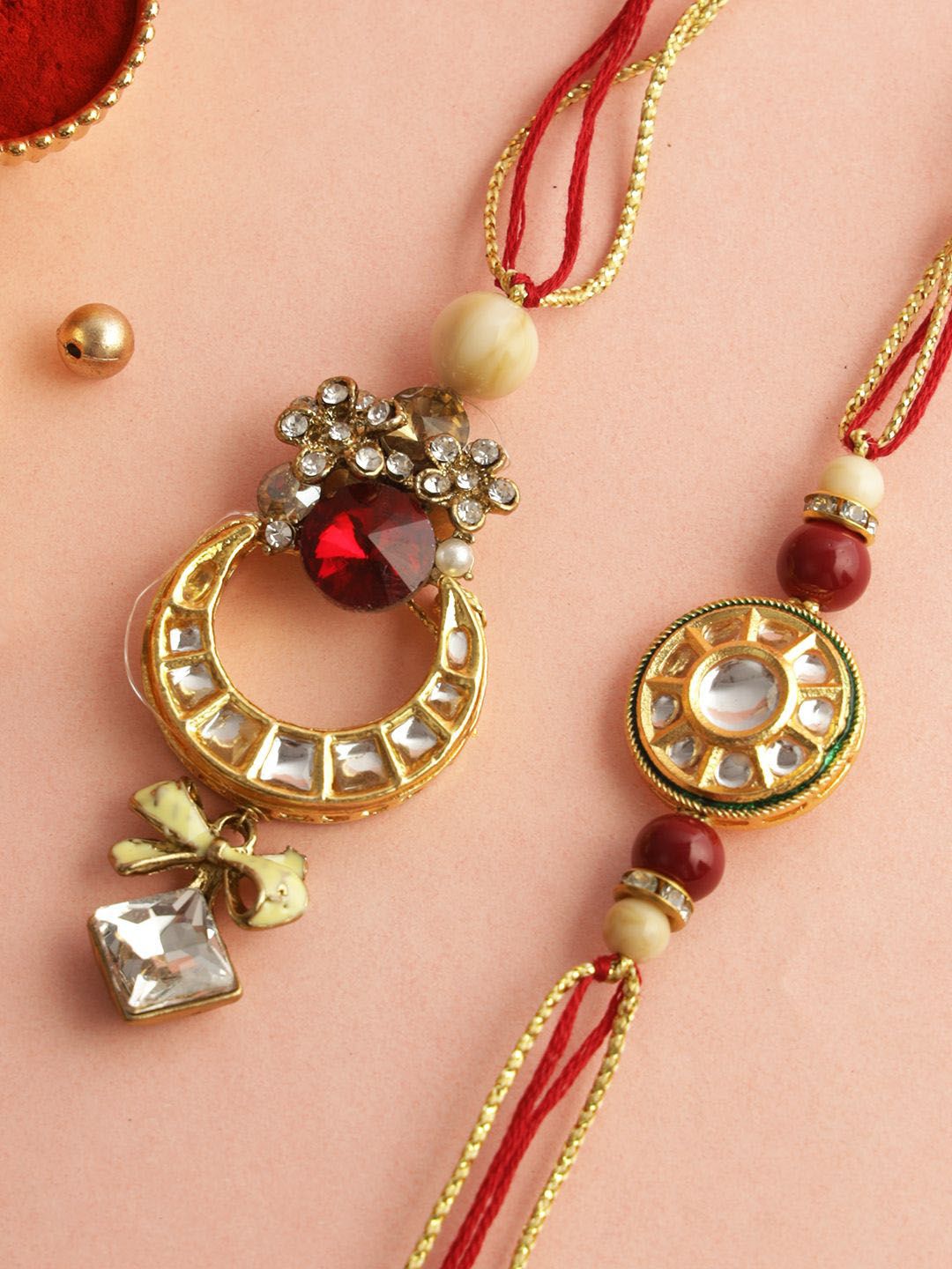 Dhiyona Red Stone Studded & Beaded Bhaiya Bhabhi Thread Rakhis With Roli Chawal