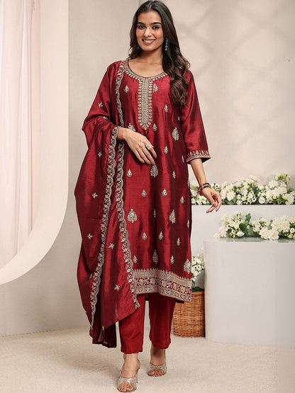 Maroon Ethnic Motifs Embroidered Straight Suit Set with Dupatta