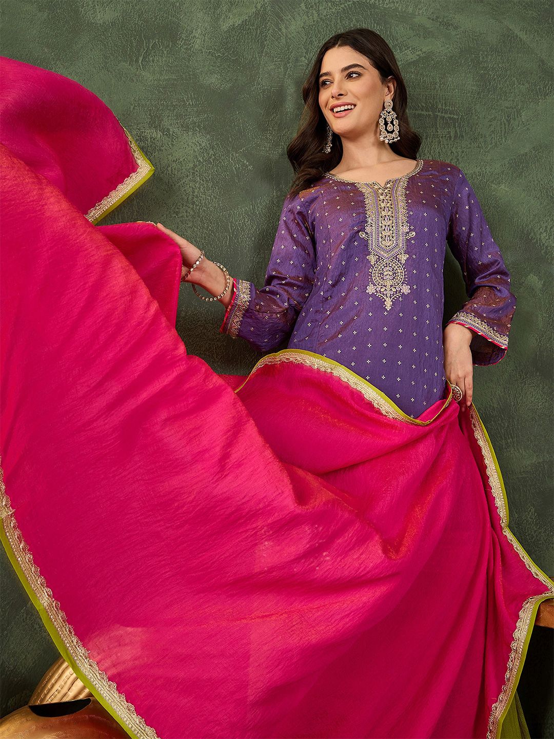 Dhiyona KL Women Ethnic Motifs Embroidered Regular Thread Work Kurta with Palazzos & With Dupatta