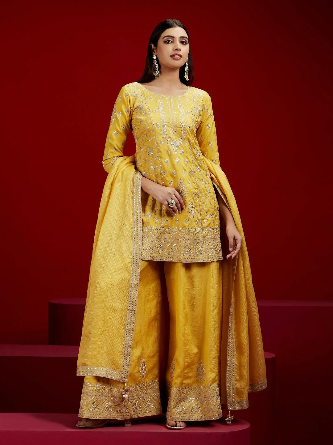 Women's LB Art Yellow Embroidered Silk Straight Suit With Dupatta