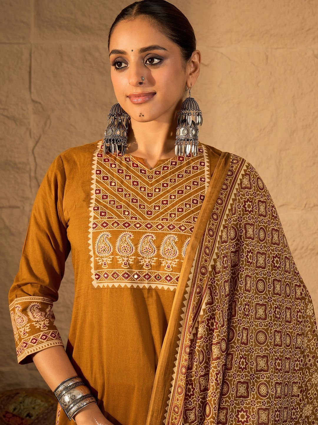 Floral Embroidered Mirror Work Pure Cotton Kurta With Trousers & Dupatta